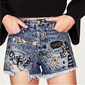 Zara Graffiti High Rise Cut Off Denim Jean Shorts Sz 10